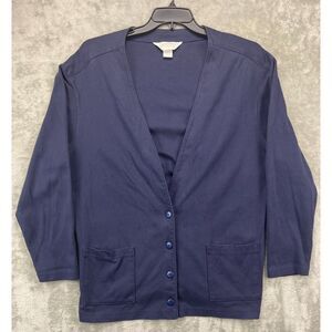 Lands End Women's Blazer Jacket Size XL 18-20 Navy Cotton Button‎ Down